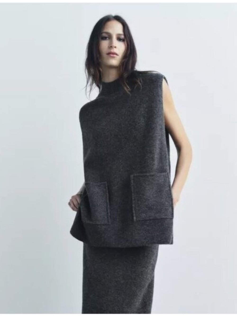 Zara Charcoal Knit Two Piece Set Sleeveless Top & Midi Skirt Minimal Size S - Picture 2 of 11